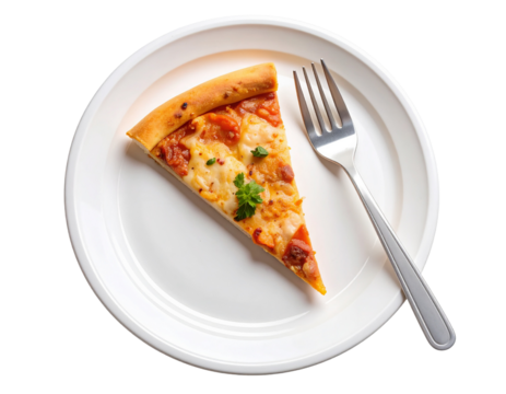 Pizza Slice on White Paper Plate with Plastic Fork, Street Food Style, Isolated on Transparent Background - Powered by Adobe