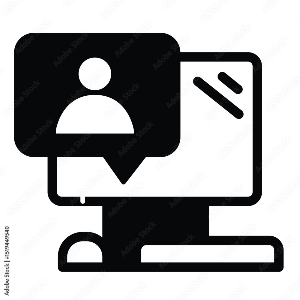 Poster computer with user message solid icon, remote work concept. vector graphics. monitor, display and po