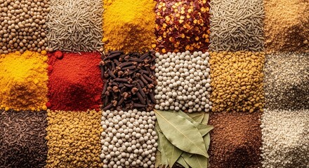 Vibrant Assortment of Colorful Spices and Herbs Arranged in a Grid Pattern