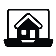 Laptop home screen solid icon, remote work concept. Vector graphics. Display and cottage building sign on white background, style mobile or design.