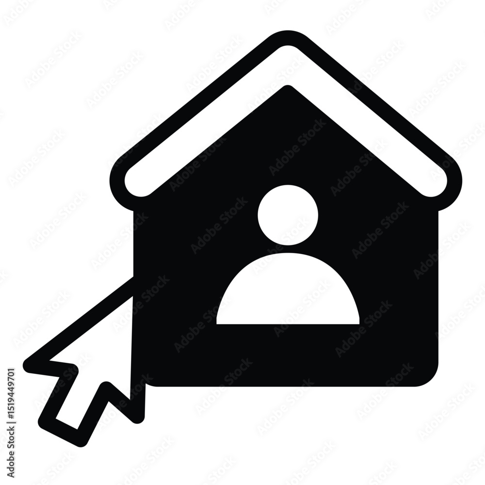 Poster home user and mouse cursor solid icon, remote work concept. vector graphics. user house with mouse p