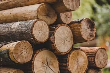 Fototapeta premium Stacked Logs, Natural Wood Texture Close-up