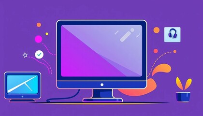 Stylized computer vector icon, vibrant colors, flat design,  screen,  electronics