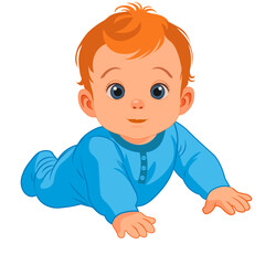 baby crawling in blue clothes without background