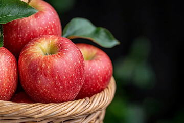 Freshly picked apples in a woven basket from an orchard