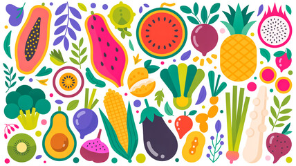 A vibrant, colorful illustration of various fruits and vegetables arranged in a scattered pattern against a white background .