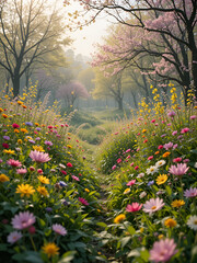 garden of a spring meadow, teeming with verdant life, blooming flowers, and exuberant revelry, encapsulates wondrous reawakening of existence - obrazy, fototapety, plakaty