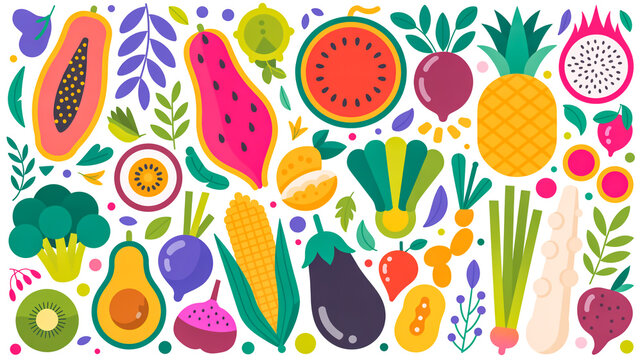 A vibrant, colorful illustration of various fruits and vegetables arranged in a scattered pattern against a white background .