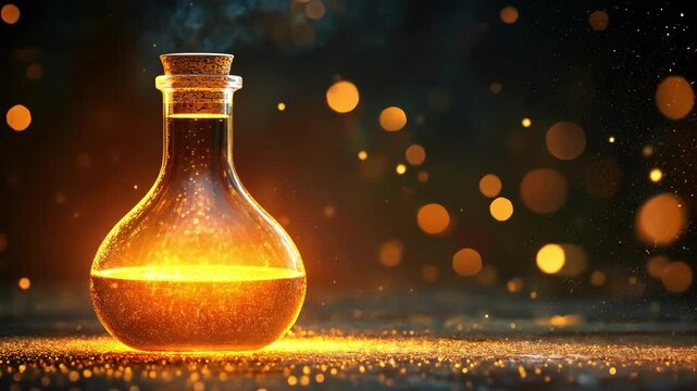 Glowing potion in a glass bottle with cork on a dark background, magical concept, glitter, liquid, bottle, science, gold.