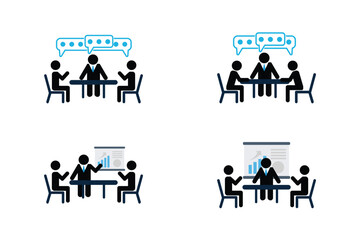 Blue and black meeting and presentation clip art set in flat vector style.