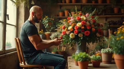 a brutal male florist assembles a large bouquet in the workshop.
