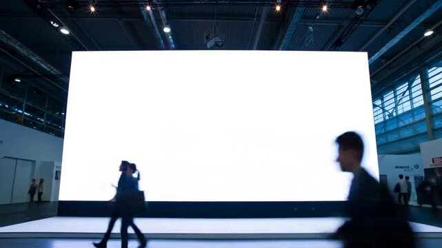 Large blank white screen dominates a modern exhibition hall or event space, with blurred people walking in the foreground, ideal for dynamic presentations, conferences, and custom content displays