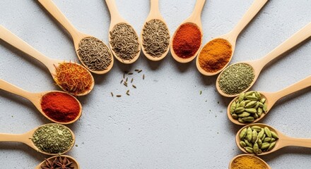 Colorful Spices in Wooden Spoons Arranged in a Semi Circle on a Light Surface