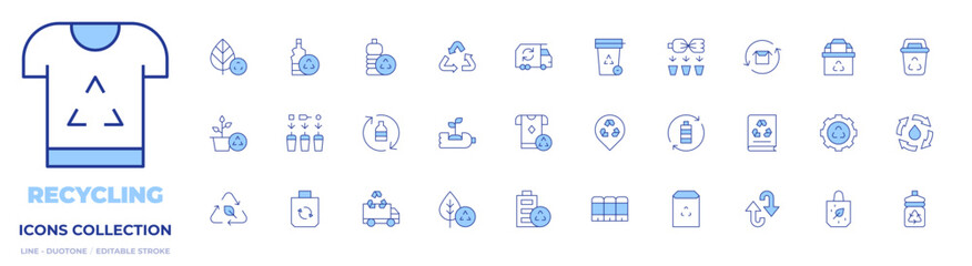 Recycling icons collection. Line Duotone style, editable stroke. eco, recycle bin, recycling truck, recycling, placeholder, recycle, recyclable, reusable, recycling bin, plastic, bottle