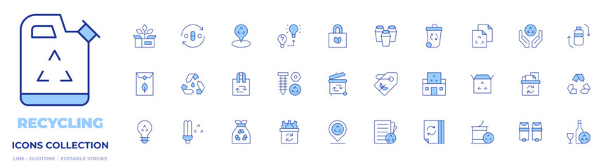 Recycling icons collection. Line Duotone style, editable stroke. recycle, recycled, recycled bag, shopping bag, recycling, paper recycle, recycling bin, glass recycling, placeholder