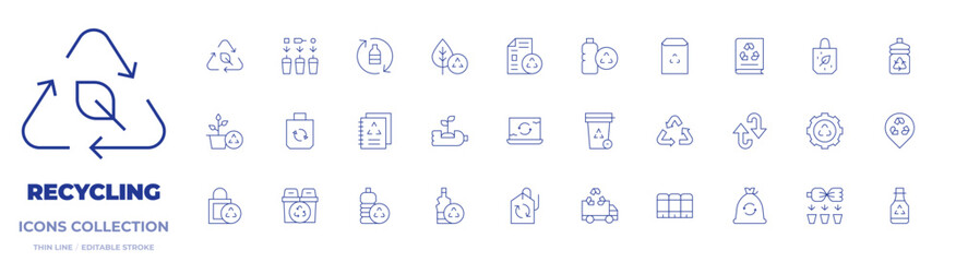 Recycling icons collection. Thin Line icons, editable stroke. eco, price tag, reusable, recycling, recycle, recyclable, recycled bag, recycling truck, placeholder, recycle bin