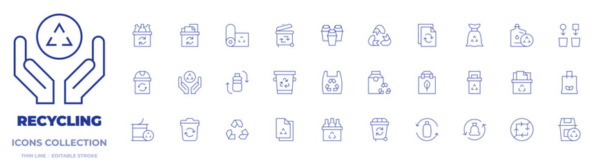 Recycling icons collection. Thin Line icons, editable stroke. plastic, recycle, recycling, recycling paper, recycling bin, recycle bin, paper, eco packaging, plastic bottle