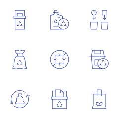 Recycling icons set. Thin Line style, editable stroke. recycle, no recyclable, recycling, recycling point, recycle bin, eco packaging