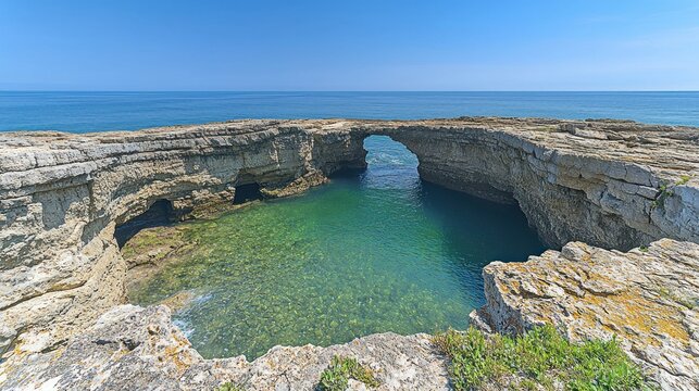 Rocky arch frames clear blue water on a sunny day - Powered by Adobe