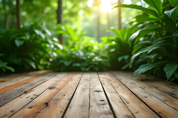 wooden floor on a green garden