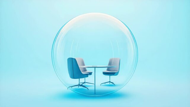 Modern chairs in a protective bubble against a blue background