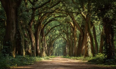 Obraz premium Sunlight streams through a pathway lined with towering trees.