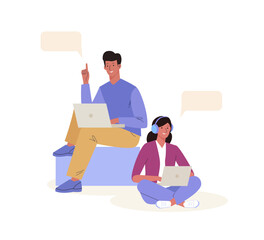 Young people using laptop for work or study. Female and male characters sitting in difference pose. Concept of online education, coworking, teamwork, freelance