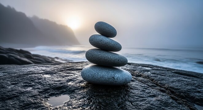 Stacked stones in perfect balance on a rocky shore with misty ocean and sunrise