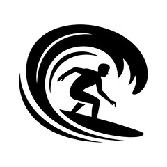 Silhouette of surfer riding a large ocean wave vector illustration