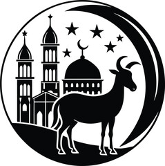 Eid al-Adha Vector Icon with Mosque, Crescent Moon, and Goat Silhouette