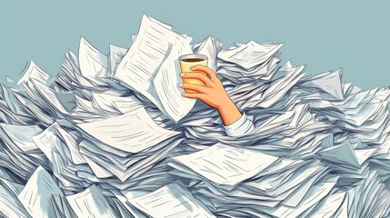 Office worker drowning in pile of documents and scattered papers while holding coffee cup. Concept of work overload