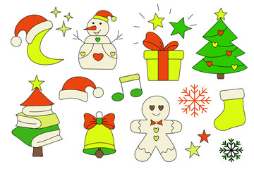Big vector Christmas set with moon in Santa hat, snowman, gift, tree, gingerbread man, music notes, bell, book tree, snowflakes, and stars. Festive and fun!