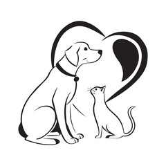 Obraz premium Dog and cat with heart silhouette vector flat illustration design. Dog outline. Cat outline.