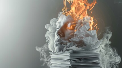 Human face dissolving into smoke above stack of papers representing mental burnout from overwork
