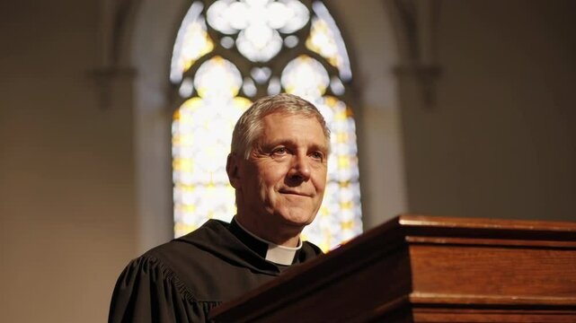 Middle-aged priest delivering heartfelt eulogy