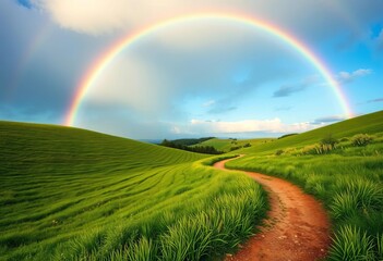 Naklejka premium Winding path through lush green meadow, vibrant rainbow arching overhead, tranquil, adventure
