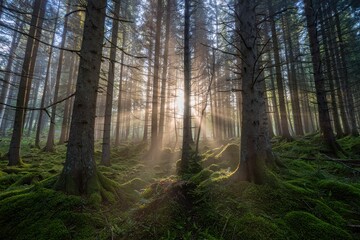 Obraz premium Sunlight beams streaming through tall pine trees in a lush green moss-covered forest creating a serene and magical atmosphere