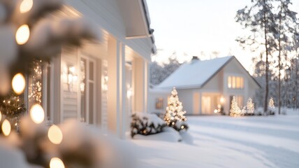 Fototapeta premium Festive christmas winter atmosphere adorn a house exterior, creating a warm and inviting decorations during a snowy sunset