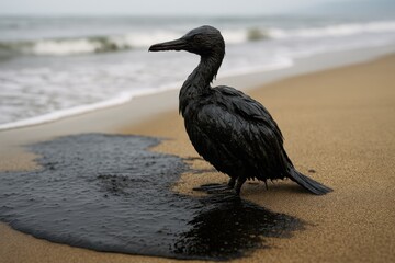 Bird soaked in oil on contaminated beach