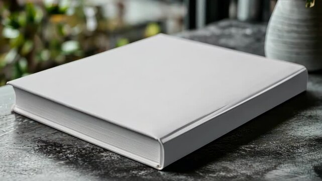Closed white book on table near window with plant, representing lifestyle and reading.
