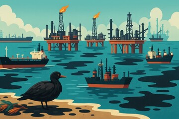 Cartoon of oil platforms and pollution