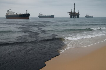 Oil tankers and drilling platform near oil spill