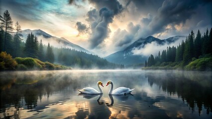 Romantic Swan Lake Two Swans