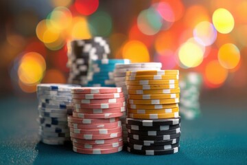 Stacks of poker chips standing on casino table with blurred lights