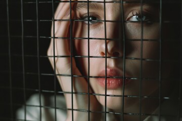 Woman suffering from mental illness holding cage bars in dark room