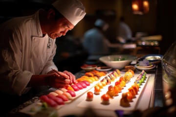 Experienced chef meticulously preparing colorful sushi in a professional kitchen