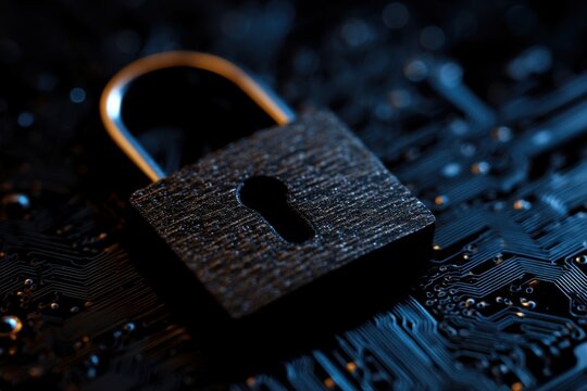 Closed padlock lying on computer motherboard is securing digital data