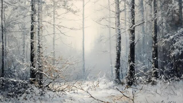 Serene Winter Forest Scene: A snow-covered landscape in a peaceful and inviting atmosphere