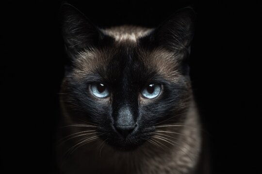 Portrait of siamese cat staring with blue eyes on black background