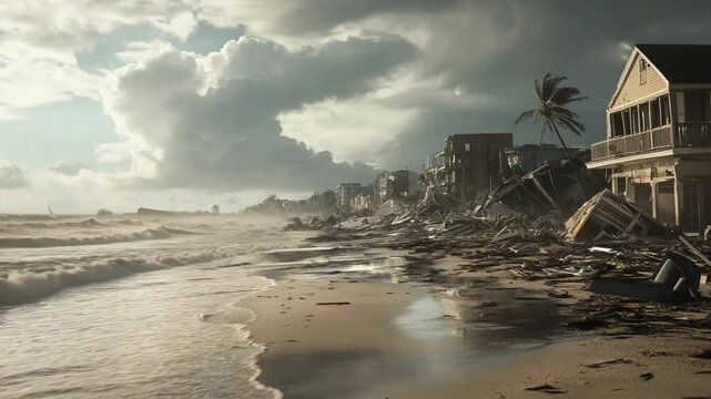 Coastal devastation after storm surge leaves destruction on the beachside landscape